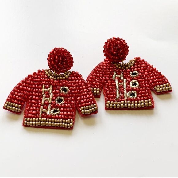 Red and Gold Boho Seed Beaded Ho Ho Ho Ugly Christmas Sweater Earrings - Picture 6 of 10